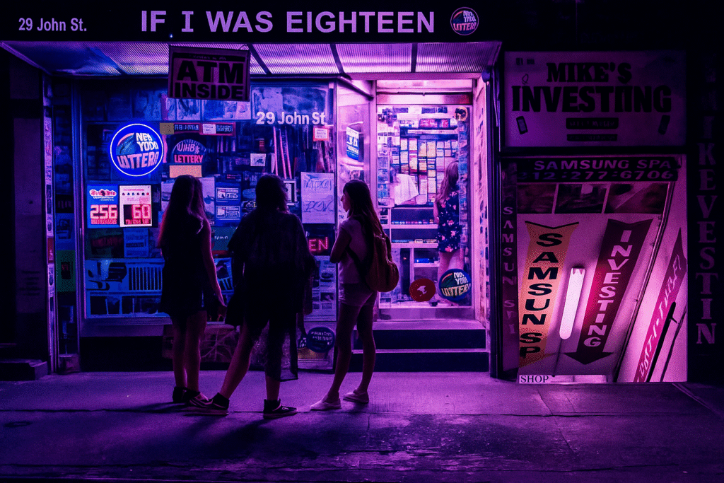 Neon cyberpunk street scene at night with three people outside a shop, ‘IF I WAS EIGHTEEN’.